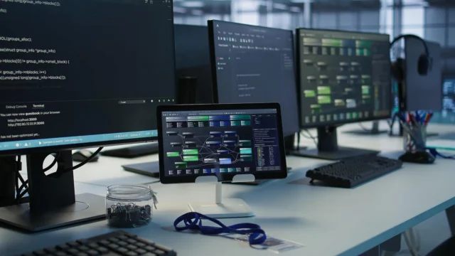 Equipment in data center workplace used for monitoring performance