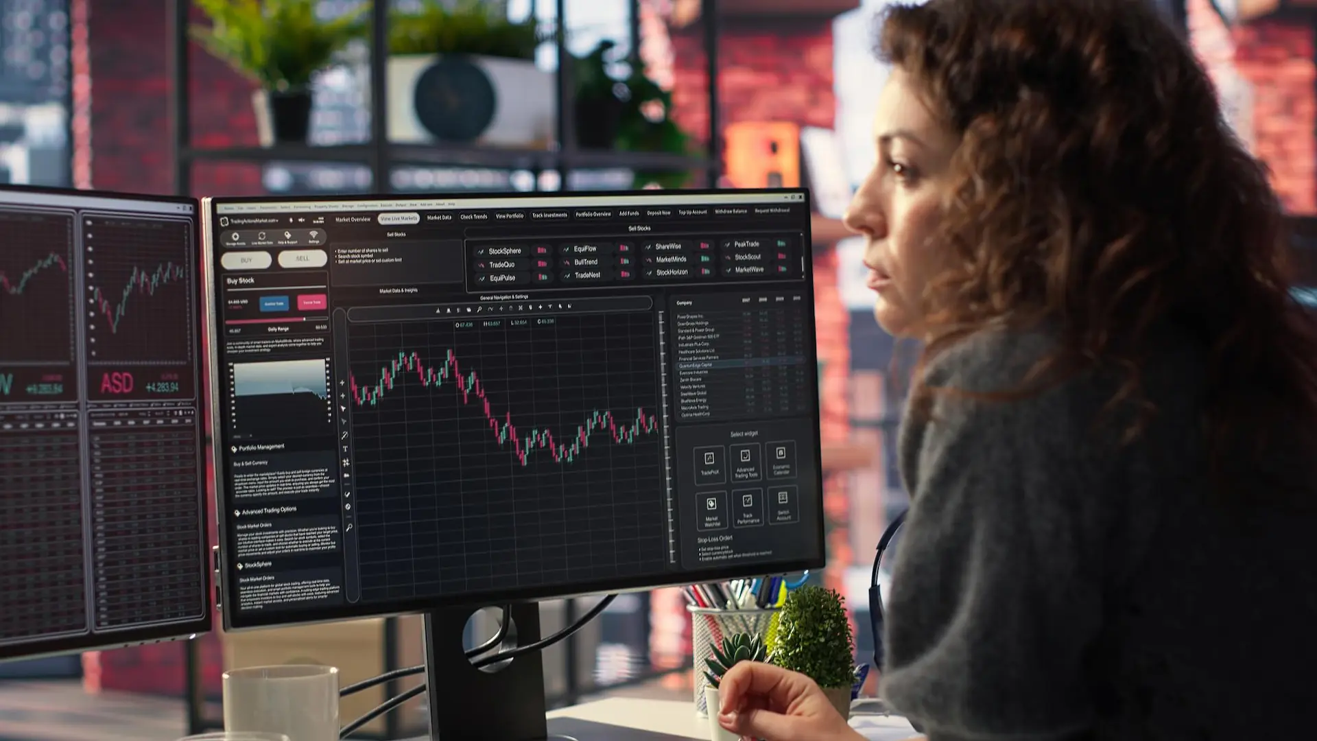 Stock market investor monitors digital charts and candlestick patterns