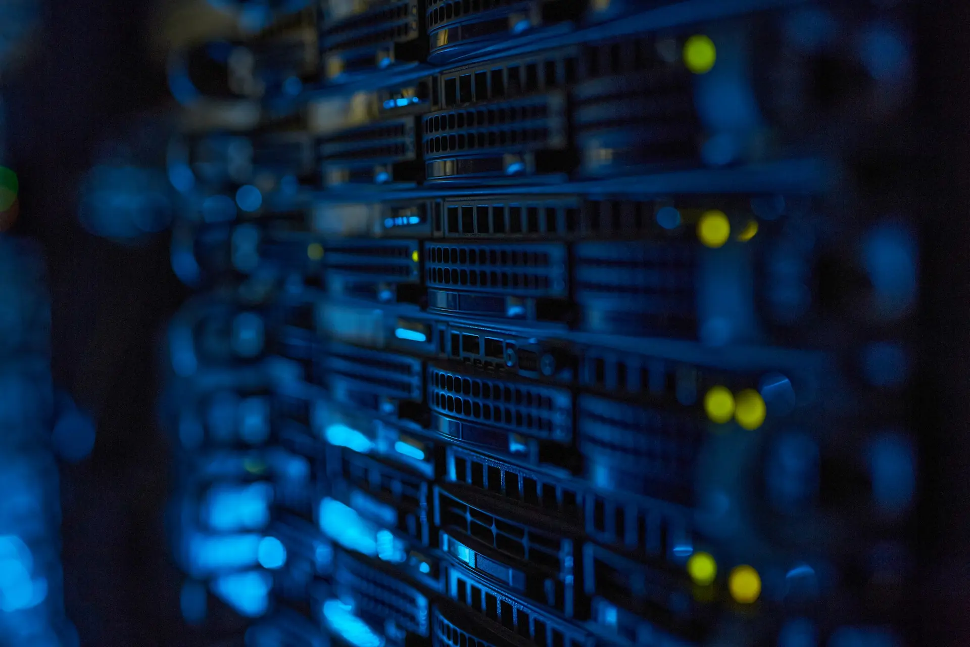 Futuristic background image of rack server with blinking lights in supercomper