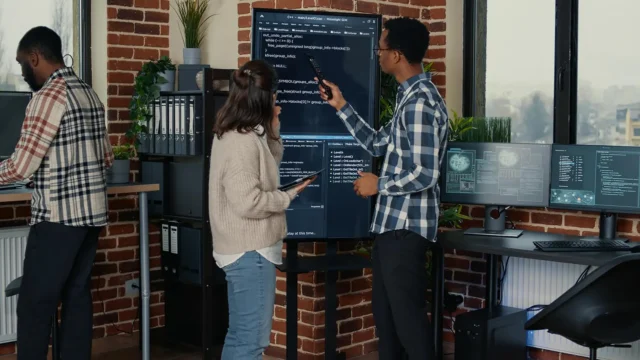 Team of database admins analyzing source code on wall screen tv